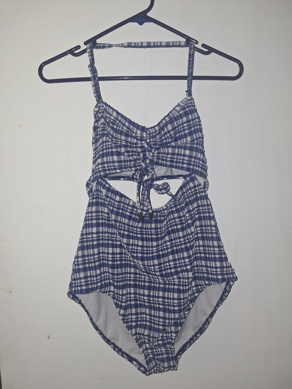 Time and Tru Blue and White Plaid One-Piece Swimsuit